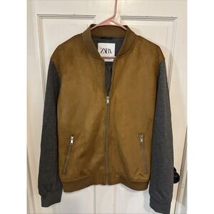 ZARA Men's Camel Gray Faux Suede Bomber Zip Jacket Size Medium Classy Clean